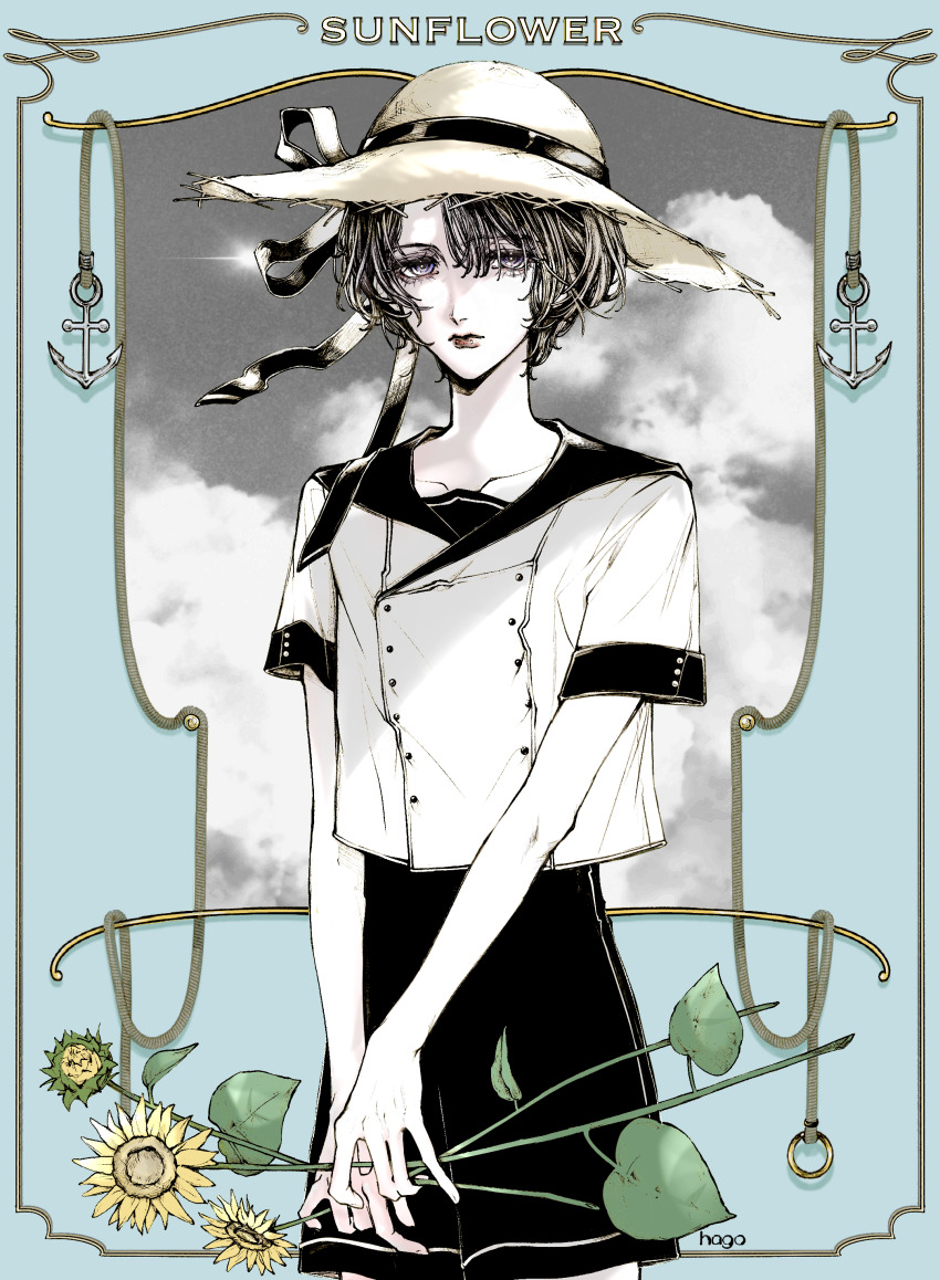 1boy absurdres anchor artist_name bishounen black_shorts english_text expressionless flower frilled_shirt frills hago_46 hat highres looking_at_viewer original shirt shorts solo sun_hat sunflower trap white_shirt yellow_hat