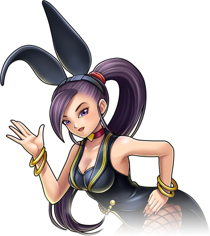 1girl animal_ears artist_request black_hairband black_leotard bracelet breasts choker cleavage coattails cowboy_shot dragon_quest dragon_quest_rivals dragon_quest_xi fake_animal_ears fishnet_pantyhose fishnets game_cg gold_bracelet hairband hand_on_own_hip heart heart_choker high_ponytail highres jewelry large_breasts leotard looking_at_viewer martina_(dq11) nontraditional_playboy_bunny official_alternate_costume official_art open_mouth pantyhose purple_eyes purple_hair rabbit_ears resized solo third-party_source upscaled white_background