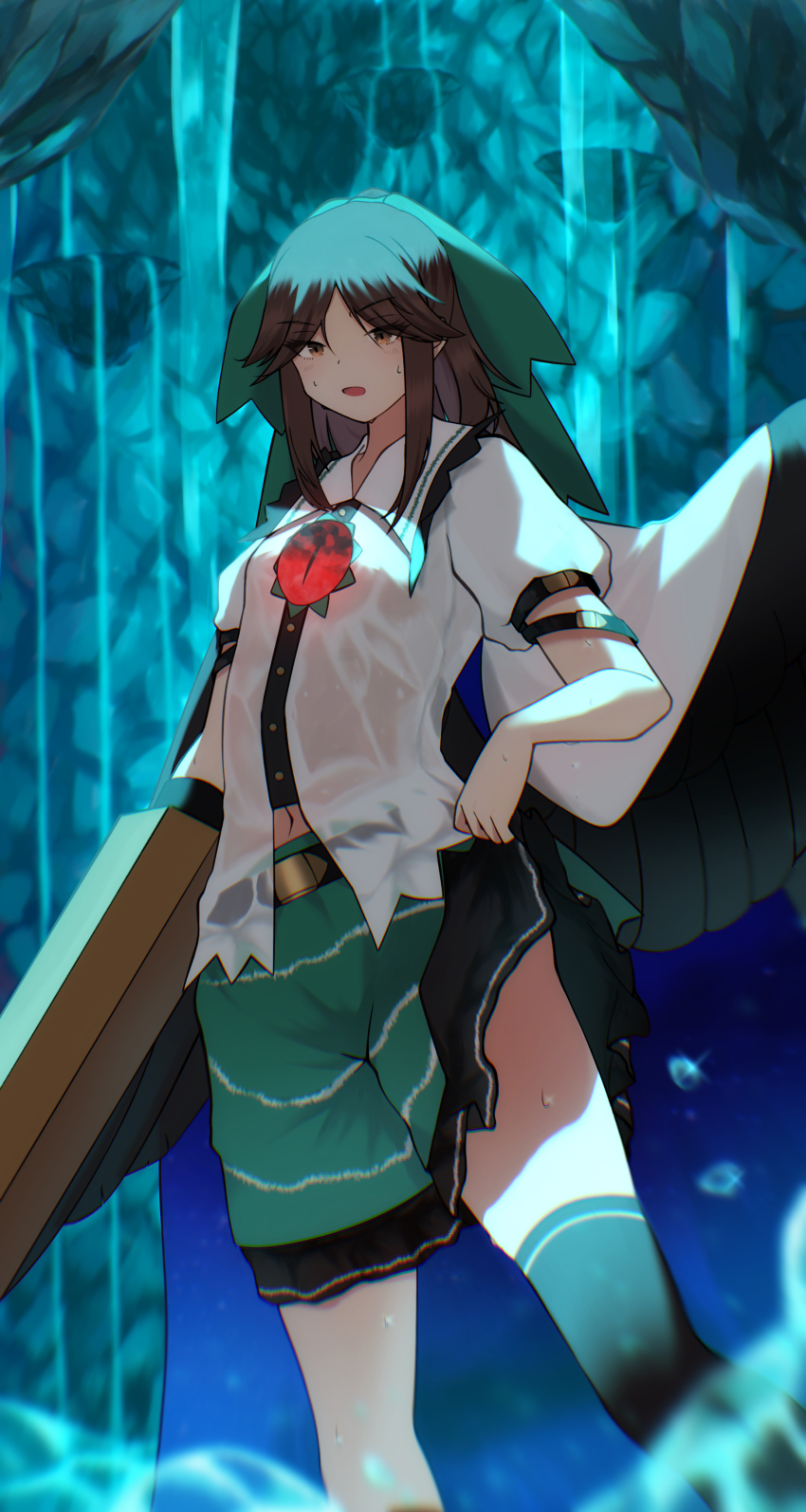 1girl absurdres arm_cannon bird_wings black_thighhighs black_wings blue_background bow breasts brown_eyes brown_hair cape clothes_lift collared_shirt commentary_request control_rod cosmos_0131 feet_out_of_frame frilled_shirt_collar frilled_skirt frills green_bow green_skirt hair_bow highres long_hair looking_at_viewer navel open_mouth print_cape reiuji_utsuho shirt sidelocks single_thighhigh skirt skirt_lift small_breasts solo starry_sky_print sunken_fossil_world thighhighs third_eye touhou water waterfall weapon wet wet_clothes wet_shirt white_cape white_shirt wings