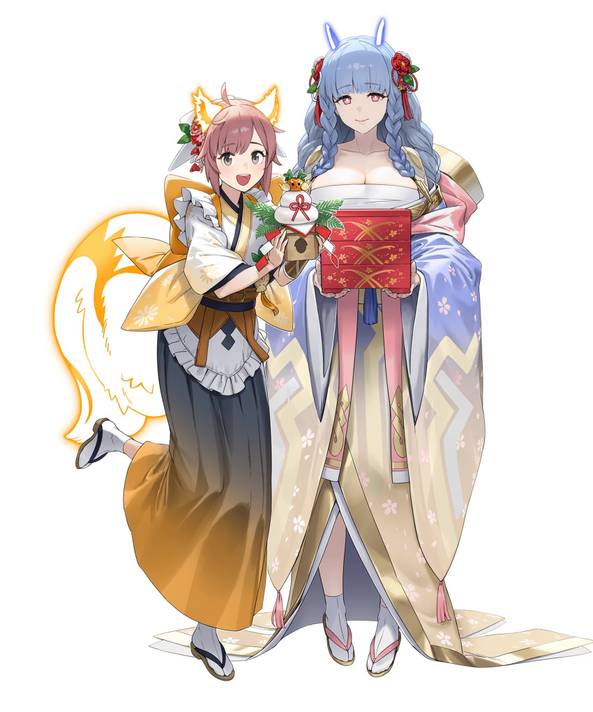 2girls animal_ears bento blue_hair braid breasts bright_pupils brown_hair chest_sarashi cleavage fire_emblem fire_emblem_heroes flower food hair_flower hair_ornament heidrun_(fire_emblem) heidrun_(fire_emblem)_(new_year) highres holding_bento japanese_clothes kagami_mochi kimono large_breasts leg_up long_hair looking_at_viewer mochi multiple_girls nintendo non-web_source open_mouth ratatoskr_(fire_emblem) ratatoskr_(fire_emblem)_(new_year) red_eyes sandals sarashi siblings sisters smile squirrel_ears squirrel_girl squirrel_tail standing standing_on_one_leg tabi tachi-e tail white_pupils