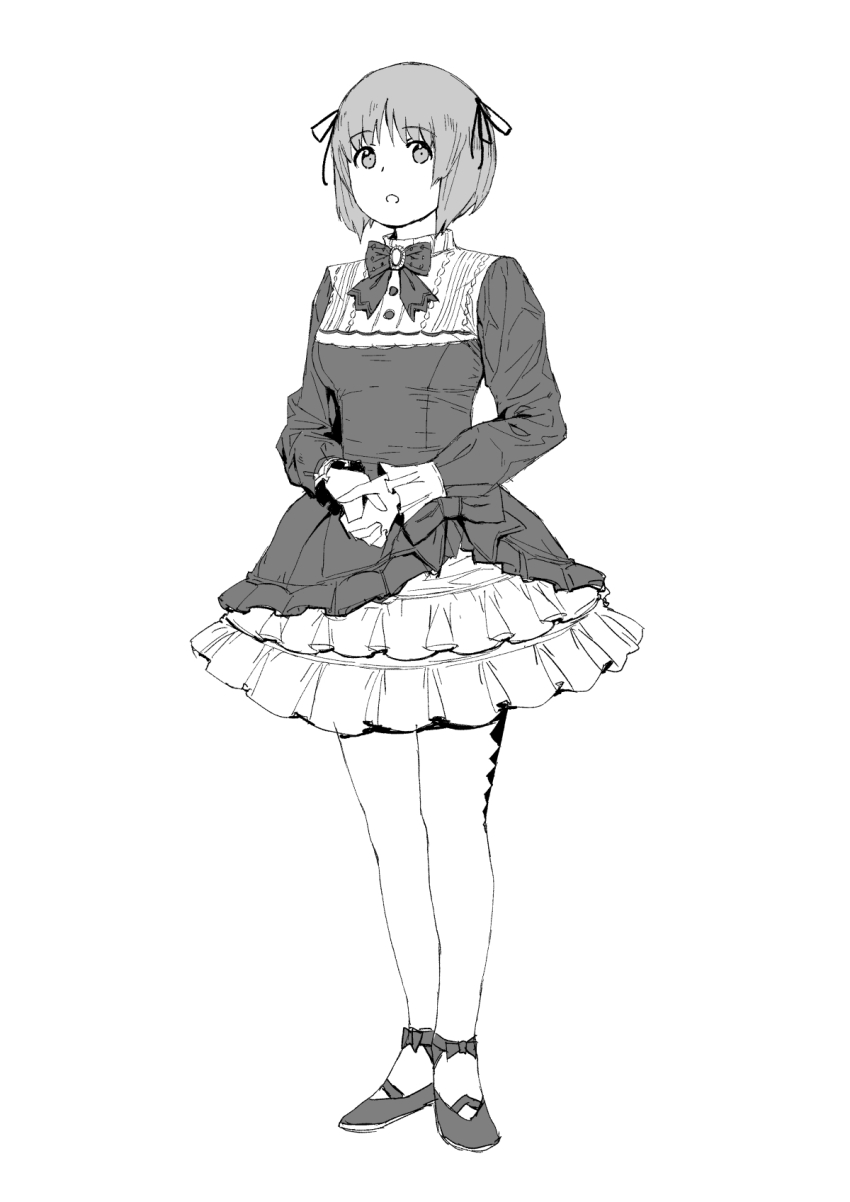 1girl alternate_costume dress frilled_dress frills girls_und_panzer goth_fashion greyscale hair_ribbon highres medium_dress monochrome nishizumi_miho onsen_tamago_(hs_egg) ribbon short_hair