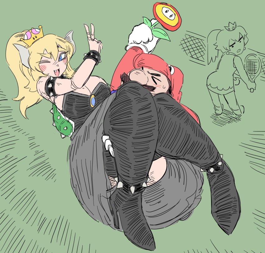 1boy 2girls absurdres armlet bamman bowsette breasts choker cleavage dress fire_flower highres horns jewelry large_breasts mario mario_(series) mario_tennis multiple_girls new_super_mario_bros._u_deluxe nintendo ponytail princess_peach racket shell spiked_armlet spiked_choker spikes sportswear tennis_racket tennis_uniform thighhighs