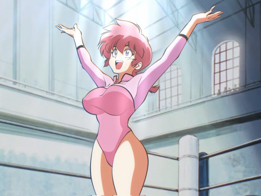 arms_up braid braided_ponytail breasts curvy derivative_work highres large_breasts leotard long_sleeves open_mouth pink_hair pink_leotard ranma-chan ranma_1/2 screenshot_redraw thick_thighs thighs wrestling_ring yves_bigerel