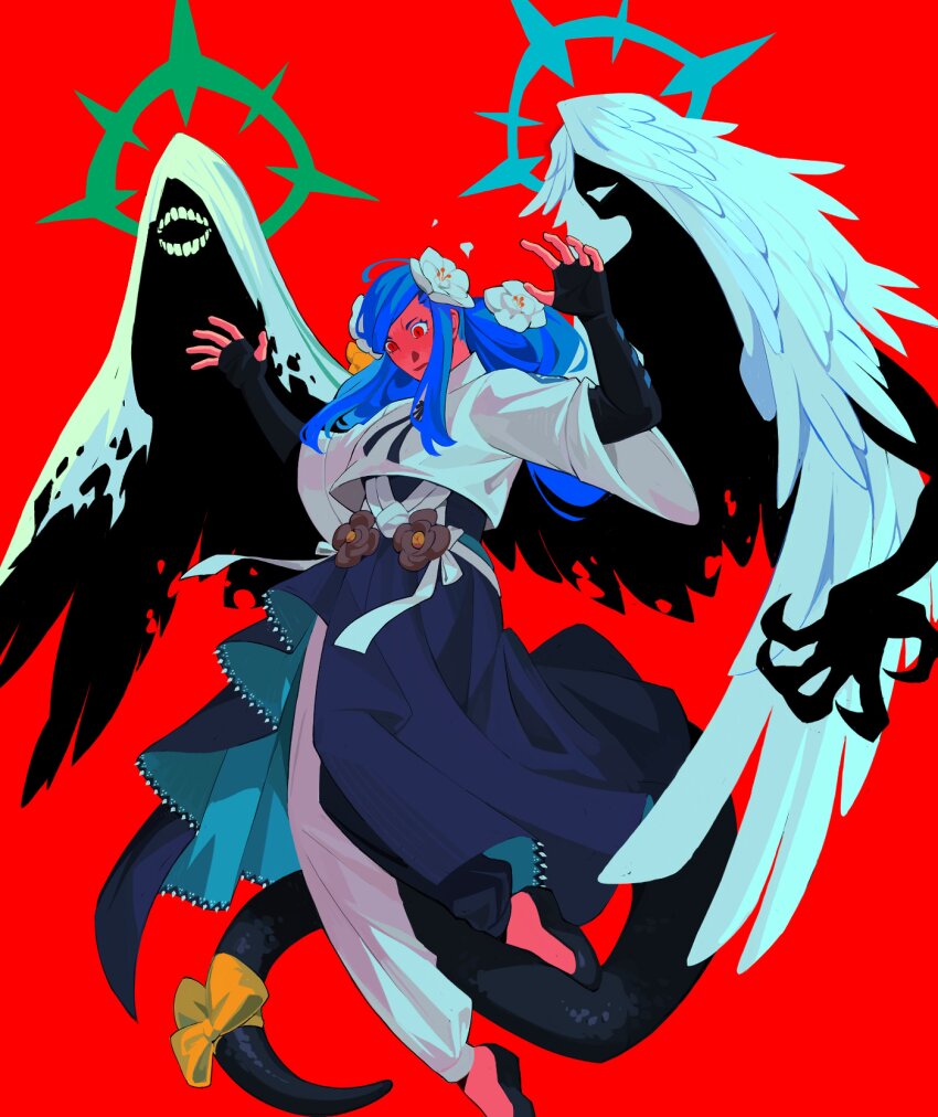 1girl absurdres angel_wings asymmetrical_wings black_footwear blue_dress blue_hair brown_flower crop_top demon_wings dizzy_(guilty_gear) dress falling feathered_wings feathers fingerless_gloves flower gloves guilty_gear guilty_gear_strive hair_flower hair_ornament halo highres long_hair necro_(guilty_gear) pants queen_dizzy red_background red_eyes ribbon sidelocks slit_pupils solo sorrysap swept_bangs tail tail_ornament tail_ribbon torn_wings undine_(guilty_gear) white_flower white_pants wings yellow_flower yellow_ribbon