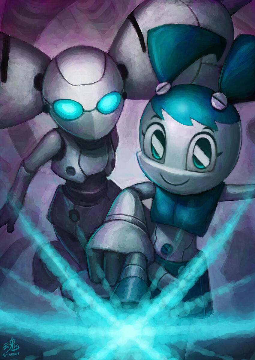 2girls absurdres android blue_eyes blue_hair colored_skin disney drossel_von_flugel fireball_(series) glowing glowing_eyes highres humanoid_robot jenny_wakeman joints metal_skin multiple_girls my_life_as_a_teenage_robot nickelodeon no_mouth robot robot_girl robot_joints ry-spirit twintails white_skin