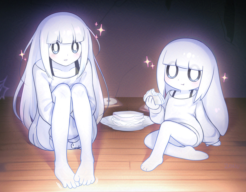 2girls animification barefoot black_eyes blunt_bangs bright_pupils cd cd_case closed_mouth collarbone colored_skin eating food genderswap genderswap_(otf) ghost_girl highres holding_food holding_sandwich light_blush long_hair long_sleeves looking_at_viewer mixed-language_commentary multiple_girls napstablook off-shoulder_shirt off_shoulder parted_lips personification plate sandwich shirt sidelocks silk sitting sleeves_past_wrists solo sparkle spider_web undertale white_hair white_pupils white_shirt white_skin wooden_floor zonu_the_zombie