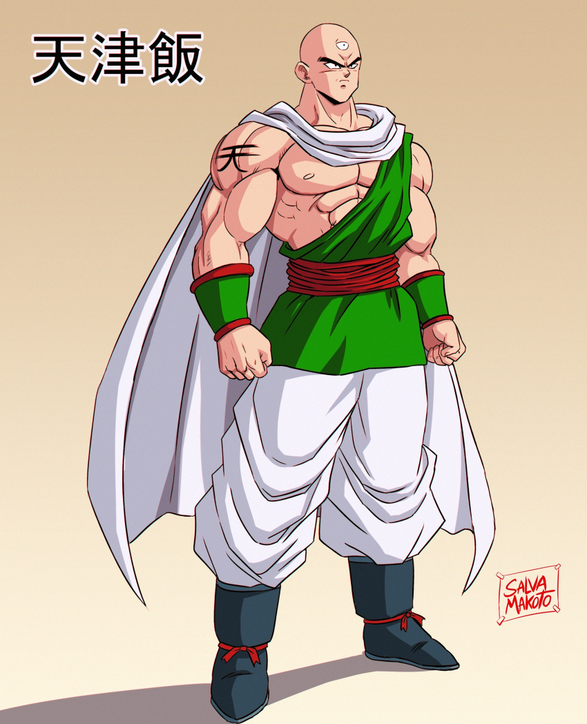 1boy absurdres bald black_footwear boots cape character_name clenched_hands commentary_request dragon_ball dragonball_z frown full_body furrowed_brow highres male_focus muscular muscular_male pants pectorals salvamakoto serious shoulder_tattoo signature solo spanish_commentary tattoo tenshinhan third_eye white_cape white_pants