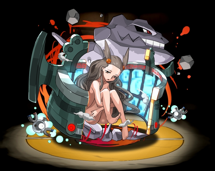 1girl barefoot black_background breasts bronzong brown_eyes cleavage cosmo_(465lilia) creatures_(company) full_body game_freak gen_1_pokemon gen_2_pokemon gen_4_pokemon gym_leader hair_ornament jasmine_(pokemon) long_hair magnemite nintendo nude pokemon pokemon_(creature) pokemon_gsc pokemon_hgss puzzle_&amp;_dragons silver_hair sitting steelix twintails two_side_up very_long_hair