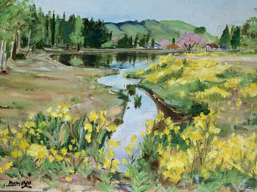 blue_sky building cherry_blossoms day flower grass highres house momo7rosemary mountainous_horizon no_humans original painting_(medium) plant reeds reflection reflective_water river riverbank sky traditional_media tree water