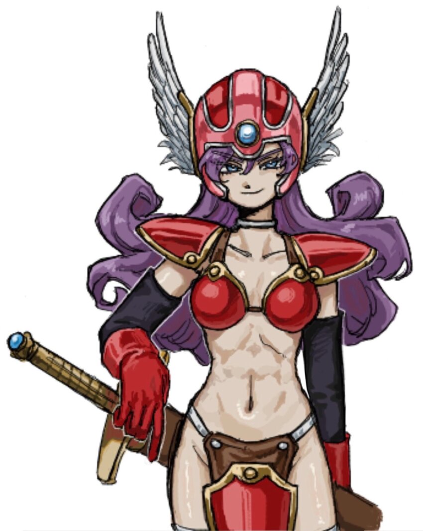 1girl armor bikini_armor blue_eyes breasts dragon_quest dragon_quest_iii elbow_gloves gloves helmet highres long_hair medium_breasts nogo_(nogo_059) purple_hair red_armor red_gloves sheath sheathed simple_background smile solo sword toned warrior_(dq3) weapon winged_helmet