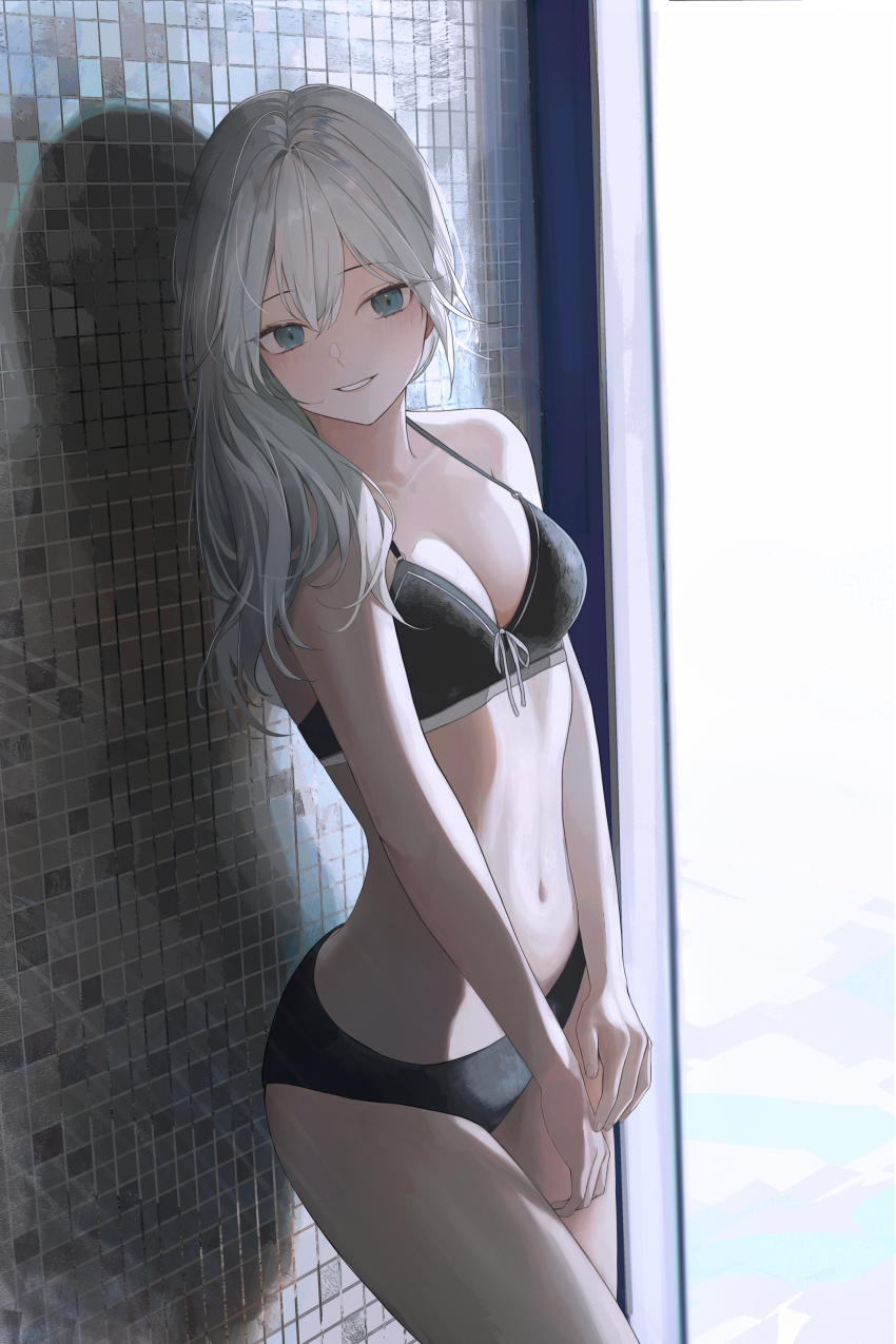 1girl absurdres against_wall bikini black_bikini blue_eyes blush breasts cleavage commentary cowboy_shot grey_hair grin halterneck highres jenmin12 long_hair looking_at_viewer navel original parted_lips shadow smile solo swimsuit tile_wall tiles