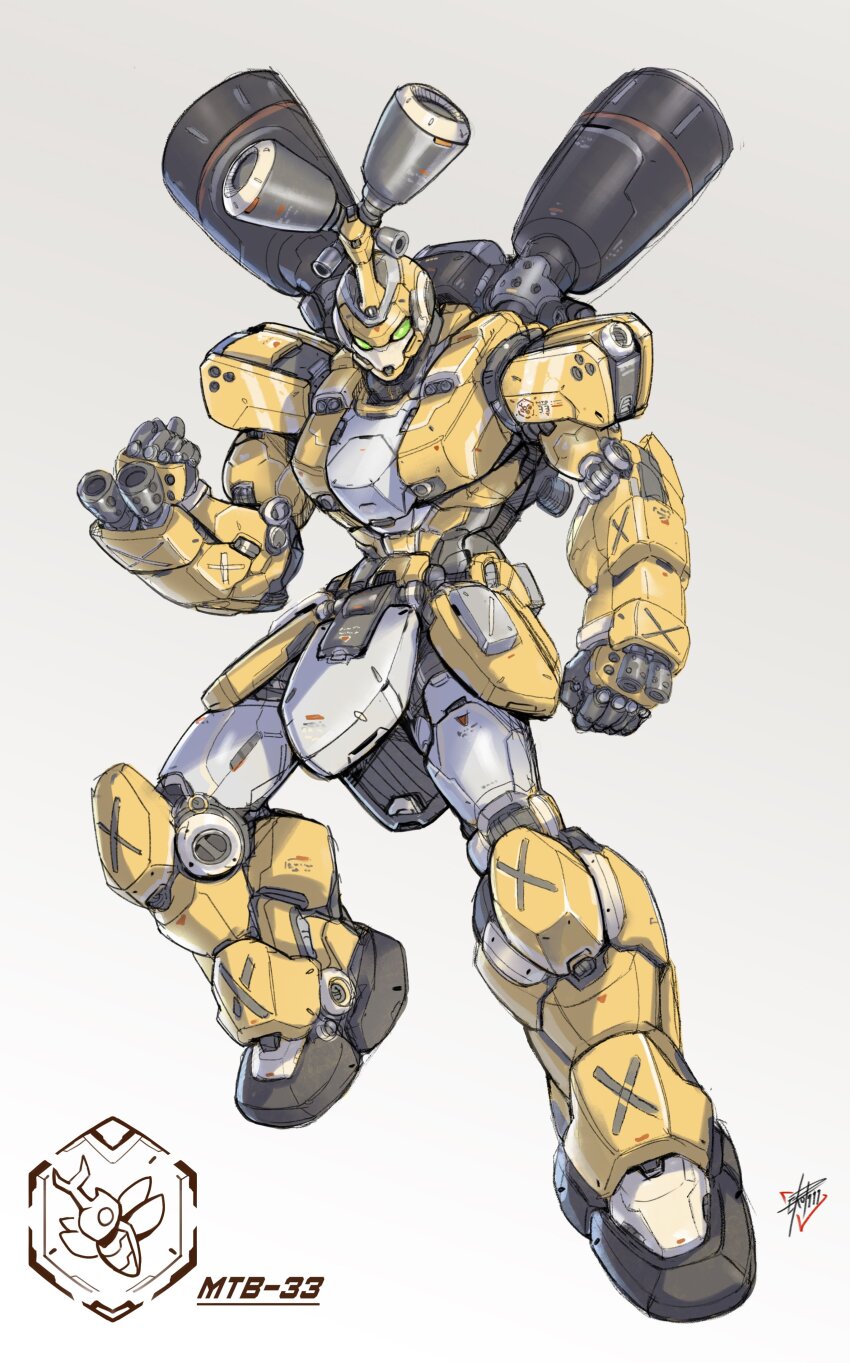 absurdres arm_at_side arm_mounted_weapon clenched_hands commentary eko999 english_commentary full_body green_eyes grey_background hand_up highres legs_apart looking_at_viewer mecha mecha_focus medarot metabee no_humans redesign robot science_fiction signature simple_background solo