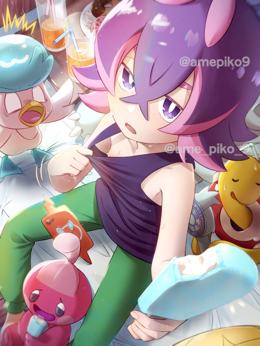 1girl amedamaneko blush creatures_(company) dot_(pokemon) food game_freak gen_2_pokemon gen_4_pokemon hair_over_eyes highres hot ice_cream multicolored_hair nintendo open_mouth pants pink_hair pokemon pokemon_(anime) pokemon_horizons purple_eyes purple_hair quaxly rotom rotom_phone shirt short_hair shuckle sweat tank_top tinkatink