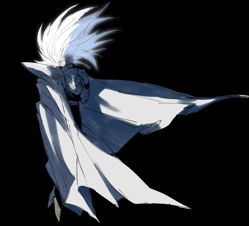 1boy black_background cape dragon_ball dragon_ball_super dragon_ball_super_super_hero from_side full_body gohan_beast highres living_(nsiring) long_hair male_focus red_eyes solo son_gohan spiked_hair white_cape white_hair wristband