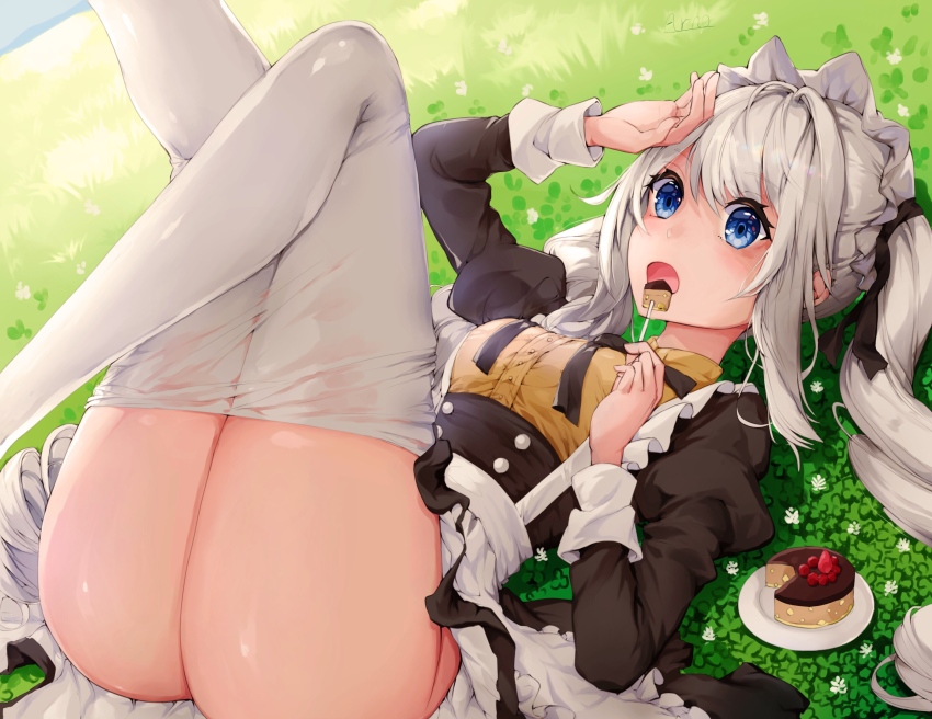 1girl :o alternate_costume apron arno_(ft3014) artist_name ass bad_id bad_pixiv_id black_ribbon black_skirt blue_eyes breasts bustier buttons cake cake_slice clothes_pull commentary_request day dress dress_shirt eating enmaided fate/grand_order fate_(series) flower food frilled_apron frills grass hair_between_eyes hair_ribbon highres holding holding_food juliet_sleeves legs_up long_hair long_sleeves looking_at_viewer lying maid maid_apron maid_headdress marie_antoinette_(animejapan_2016)_(fate) marie_antoinette_(fate) medium_skirt neck_ribbon official_alternate_costume on_back open_mouth outdoors pantyhose pantyhose_pull pastry plant plate puffy_short_sleeves puffy_sleeves revision ribbon shirt short_sleeves sidelocks signature silver_hair skirt solo thighs very_long_hair waist_apron white_apron white_footwear white_pantyhose yellow_shirt