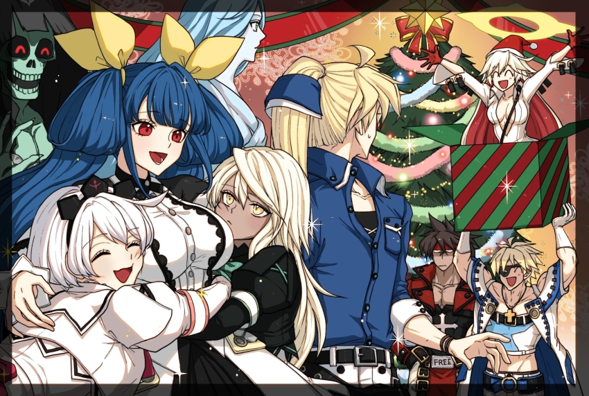 4boys 5girls ahoge blonde_hair blue_eyes blue_hair blunt_ends blush box breasts brown_hair christmas christmas_ornaments christmas_tree collared_shirt colored_inner_hair dark-skinned_female dark_skin dizzy_(guilty_gear) ebi_pri_shrimp elphelt_valentine father-in-law_and_son-in-law father_and_son forehead_protector front_slit gift gift_box gloves grandfather_and_grandson guilty_gear guilty_gear_xrd hair_between_eyes hair_ribbon hair_rings hairband halo hat highres huge_ahoge husband_and_wife jack-o&#039;_valentine ky_kiske large_breasts long_hair long_sleeves mother_and_son multicolored_hair multiple_boys multiple_girls muscular muscular_male necro_(guilty_gear) open_mouth plunging_neckline ramlethal_valentine red_eyes red_gloves red_hair ribbon santa_hat shirt short_hair sin_kiske smile sol_badguy spiked_hair spiked_hairband spiked_halo spikes tail tail_ornament tail_ribbon two-tone_hair undine_(guilty_gear) very_long_hair white_hair white_shirt yellow_eyes yellow_ribbon