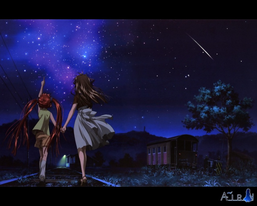 00s 2girls air_(visual_novel) aratani_tomoe letterboxed michiru_(air) multiple_girls night railroad_tracks rails sky star_(sky) star_(symbol) starry_sky toono_minagi twintails