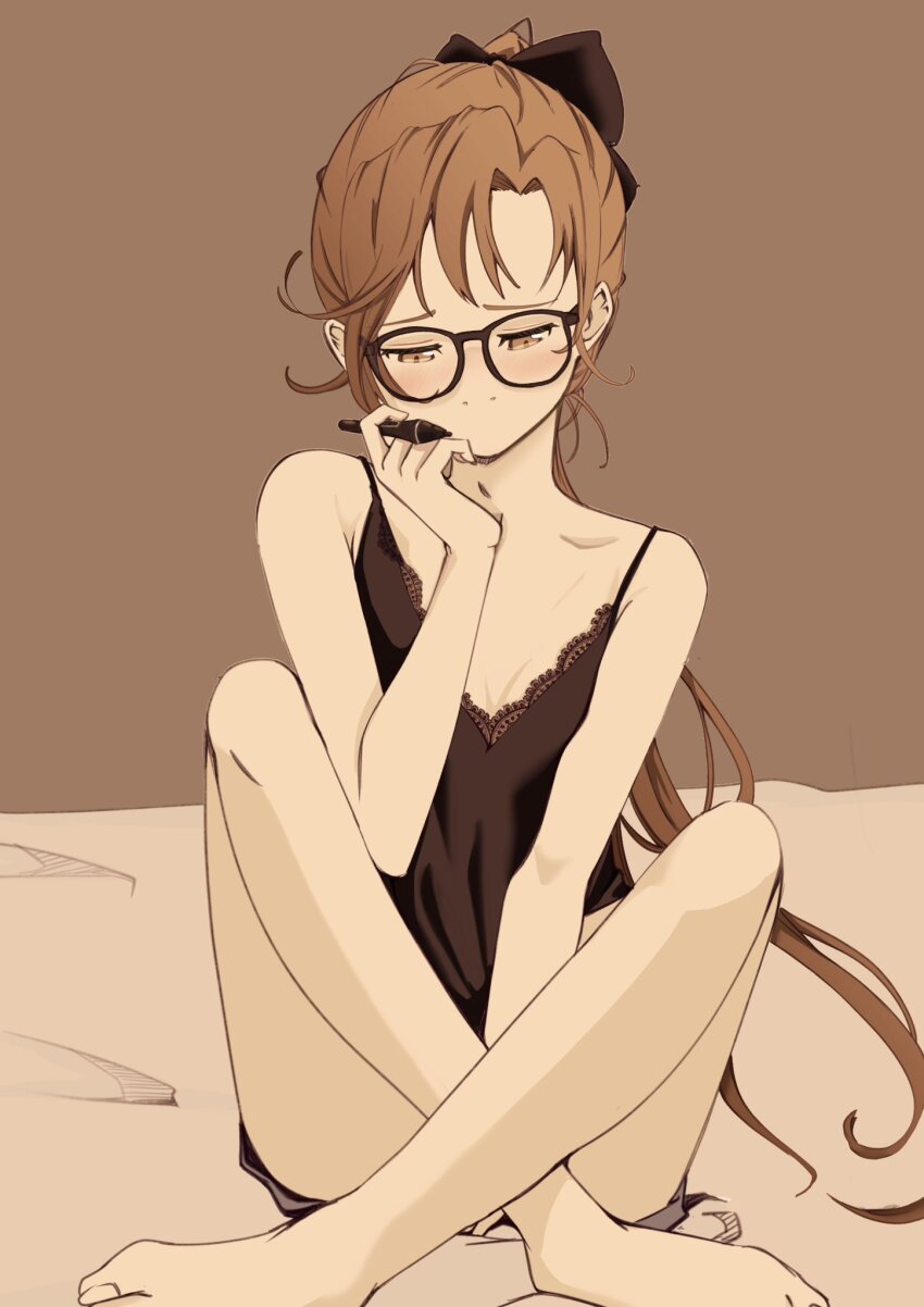 1girl akigumo_(kancolle) alternate_costume barefoot bespectacled brown_camisole brown_eyes camisole chakoru collarbone glasses green_eyes hair_ribbon highres indian_style kantai_collection long_hair ribbon shorts sitting solo stylus