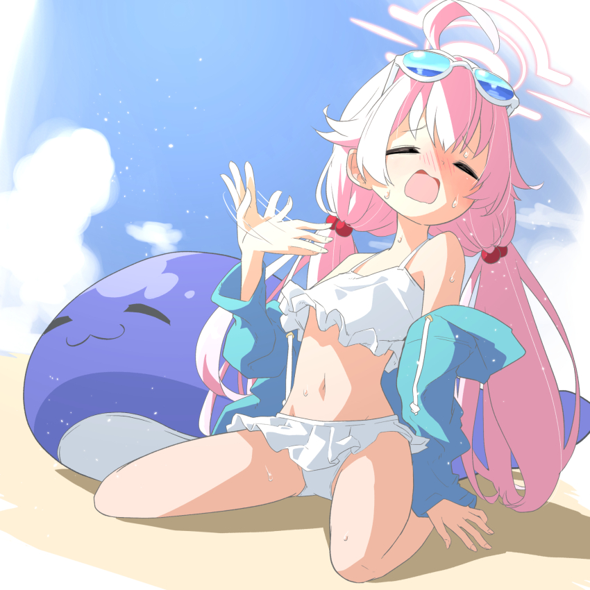 1girl ahoge bare_legs bare_shoulders bikini blue_archive blue_jacket blush closed_eyes day facing_viewer fanning_self flat_chest frilled_bikini frills full_body hair_bobbles hair_ornament halo hamioura highres hoshino_(blue_archive) hoshino_(swimsuit)_(blue_archive) inflatable_toy inflatable_whale jacket long_hair low_twintails navel open_mouth outdoors pink_hair pink_halo sitting solo summer sweat swimsuit twintails very_long_hair white_bikini