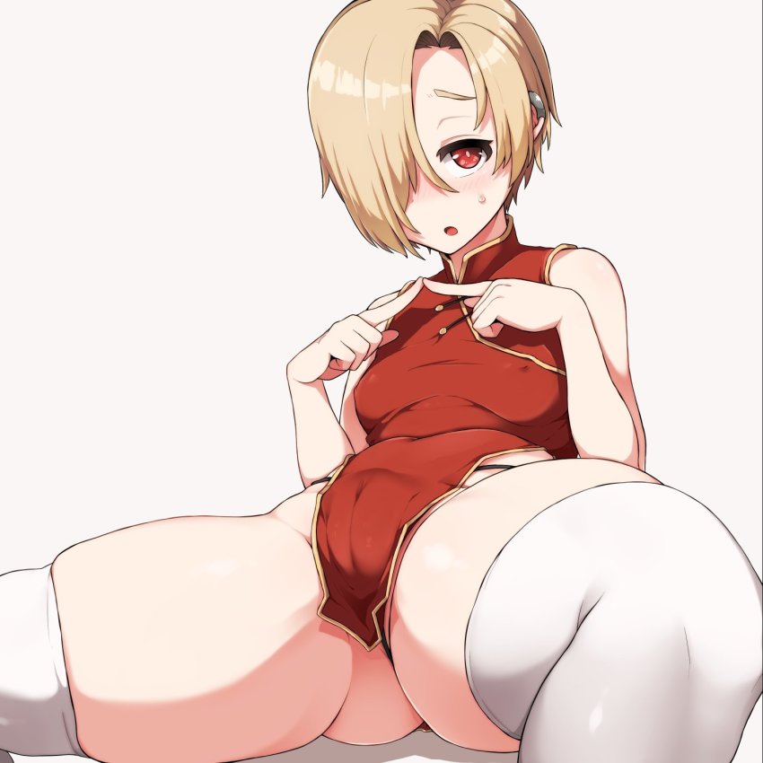 1girl aki_(sangetusei) ass blonde_hair breasts cameltoe china_dress chinese_clothes covered_erect_nipples dress ear_piercing hair_over_one_eye highres idolmaster idolmaster_cinderella_girls long_bangs looking_at_viewer microdress pelvic_curtain piercing red_eyes shiny_skin shirasaka_koume short_dress short_hair small_breasts solo spread_legs thick_thighs thighhighs thighs thong white_thighhighs