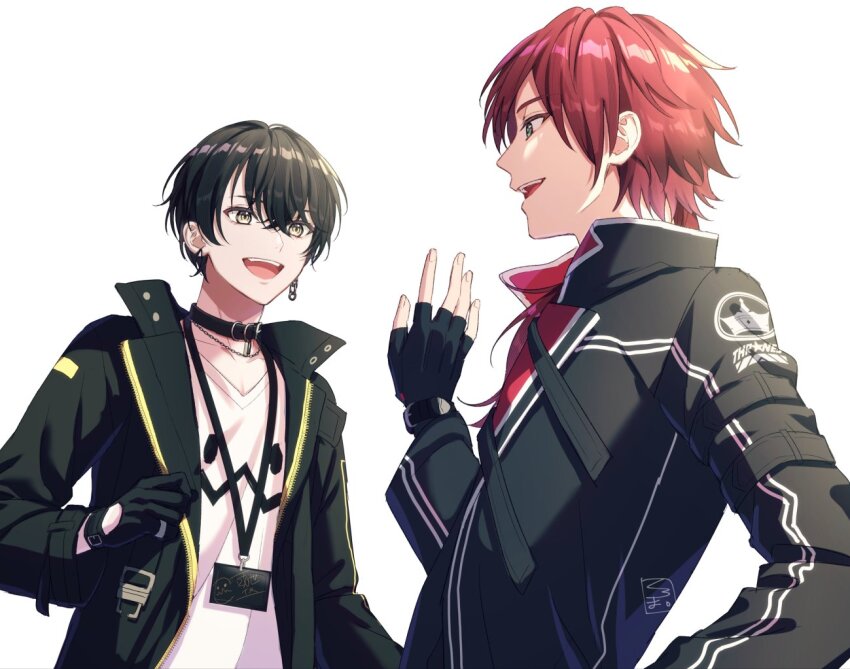 2boys :d aruse_inu black_coat black_collar black_eyes black_gloves black_hair black_jacket chain chain_earrings chain_necklace coat collar collarbone commentary_request crossed_bangs earrings fingerless_gloves gloves green_eyes hair_between_eyes hair_over_shoulder hand_up jacket jewelry kuroma_(bee) lanyard lapels lauren_iroas lauren_iroas_(1st_costume) long_hair long_sleeves looking_at_another low_ponytail male_focus multiple_boys necklace neo-porte nijisanji open_clothes open_jacket open_mouth parted_bangs ponytail red_hair shirt short_hair simple_background smile teeth upper_body upper_teeth_only virtual_youtuber waving white_background white_shirt