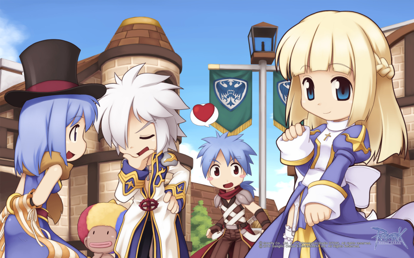 2boys 2girls armor assassin_(ragnarok_online) back_bow bandages_over_clothes banner black_hat black_pants blonde_hair blue_hair blue_sky blunt_bangs blush_stickers bow breasts brown_cape brown_eyes building cape closed_eyes closed_mouth cloud coat copyright_notice cowboy_shot cross_of_prontera detached_sleeves dokebi dress garter_straps gold_trim grey_hair hair_over_one_eye half_up_braid hand_on_own_chin hat heart high_priest_(ragnarok_online) highres juliet_sleeves lamppost logo long_hair long_sleeves looking_at_another looking_at_viewer low_ponytail medium_breasts medium_hair multicolored_coat multiple_boys multiple_girls official_art official_wallpaper open_mouth outdoors pants pauldrons pelvic_curtain professor_(ragnarok_online) puffy_sleeves ragnarok_online red_scarf sash scarf shirt short_hair shoulder_armor sky sleeveless sleeveless_dress sleeveless_shirt small_breasts smile spoken_heart striped_sleeves thighhighs top_hat two-tone_coat two-tone_dress waist_cape white_bow white_dress white_sash white_sleeves white_thighhighs yellow_sleeves yuichirou