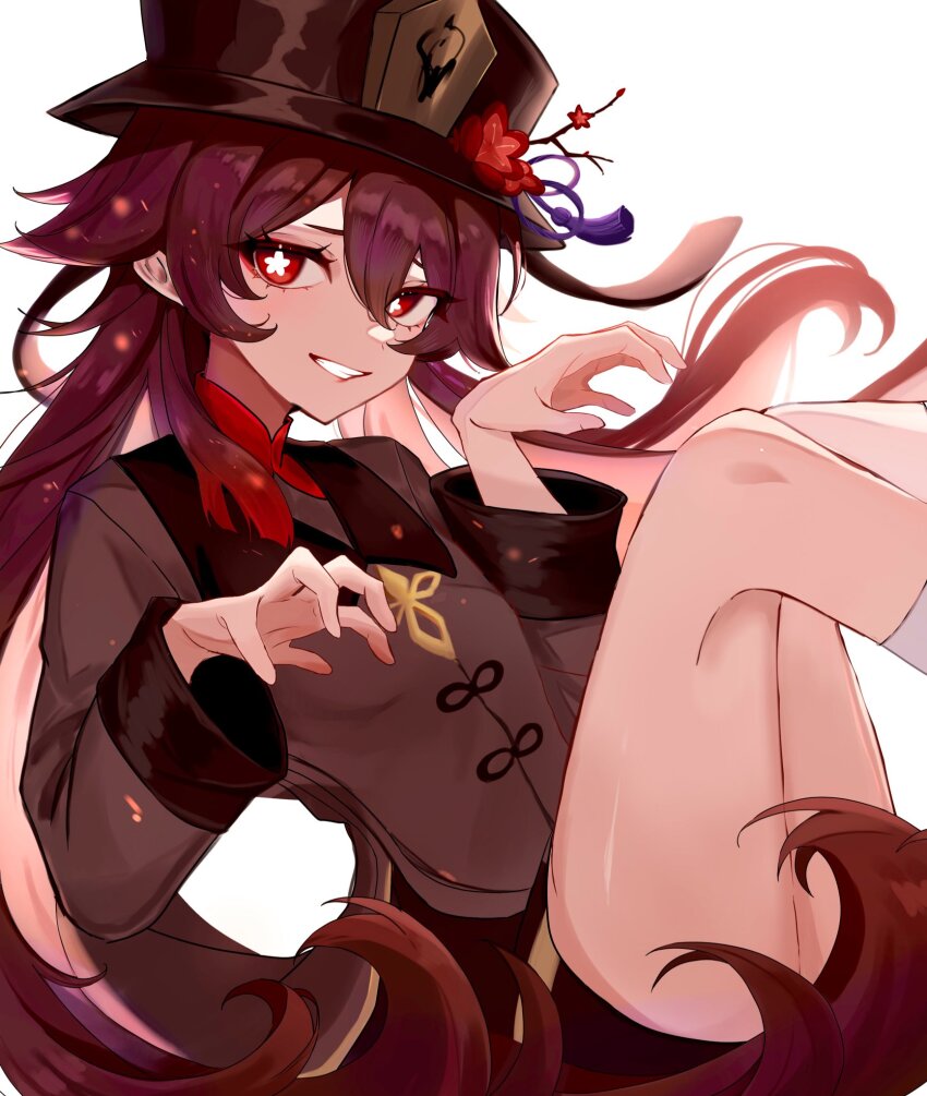 1girl breasts brown_hair brown_hat brown_shirt brown_shorts claw_pose flower flower-shaped_pupils genshin_impact hair_between_eyes hat hat_flower hat_tassel highres hu_tao_(genshin_impact) legs_up long_hair long_sleeves looking_at_viewer neri_ane_(h_si11) red_eyes red_flower shirt shorts simple_background small_breasts smile solo symbol-shaped_pupils turtleneck very_long_hair white_background