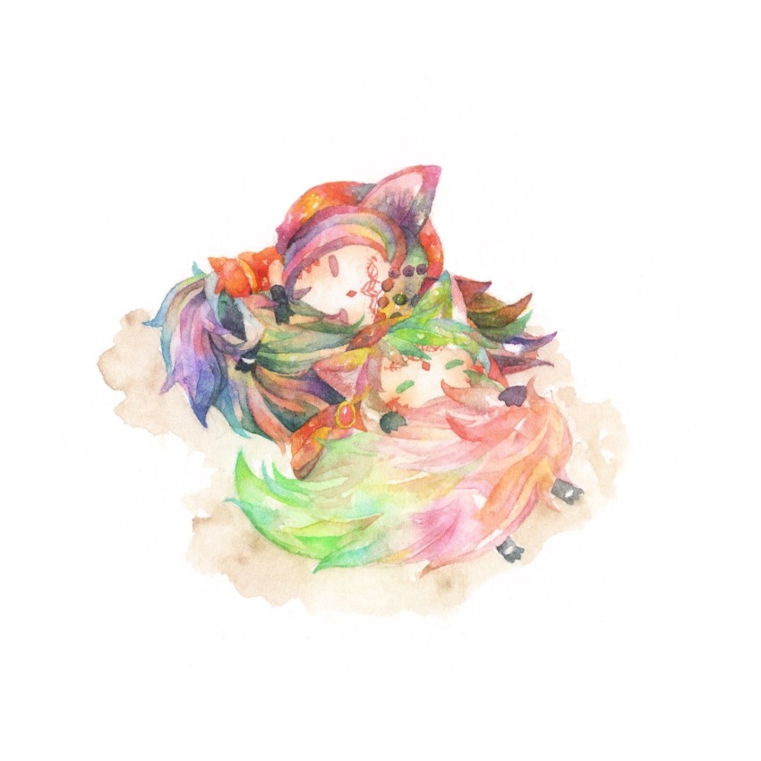 2boys animal_ears cat_boy cat_ears cat_tail chibi full_body green_hair highres hood hood_up hugging_own_tail hugging_tail jamil_viper kalim_al-asim kirakira_huuuki long_hair lying male_focus multiple_boys on_side painting_(medium) purple_hair short_hair simple_background sleeping sleeveless sleeveless_jacket tail traditional_media twisted_wonderland watercolor_(medium) white_background