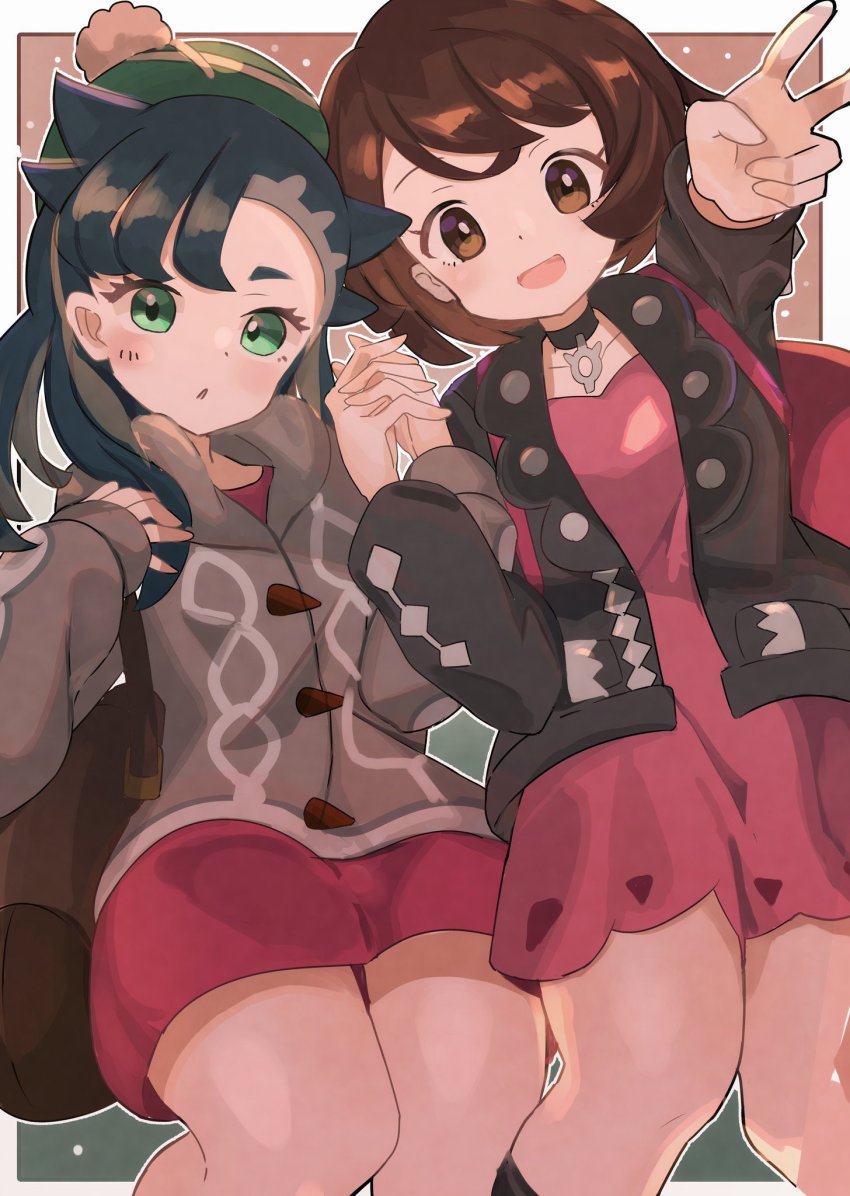 2girls :o asymmetrical_bangs backpack bag black_hair black_jacket blush brown_eyes brown_hair choker cosplay costume_switch creatures_(company) dress game_freak gloria_(pokemon) gloria_(pokemon)_(cosplay) green_eyes grey_jacket hands_up hat highres holding_hands hood hooded_jacket jacket looking_at_viewer marnie_(pokemon) marnie_(pokemon)_(cosplay) multiple_girls nintendo open_mouth pink_dress pokemon pokemon_swsh red_dress smile umiru v yuri