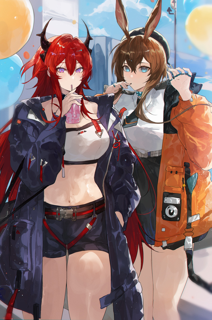 2girls absurdres amiya_(arknights) animal_ears arknights balloon bandeau belt beret black_hat black_horns black_necktie black_shorts black_skirt blue_collar blue_eyes blush brown_belt brown_hair chromatic_aberration coat collar collared_shirt cowboy_shot crop_top day drink drinking_straw drinking_straw_in_mouth food grey_belt hair_between_eyes hand_in_pocket hat highres holding holding_drink holding_food horns jacket jewelry light_particles long_hair long_sleeves looking_at_viewer midriff mouth_hold multiple_girls necktie open_clothes open_coat open_jacket orange_jacket outdoors pocky purple_coat rabbit_ears rabbit_girl red_belt red_hair ring shirt short_necktie shorts sidelocks skirt standing surtr_(arknights) white_bandeau white_shirt yuki_flourish