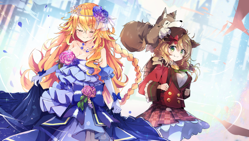 2girls :3 alternate_costume animal animal_on_head beret blue_dress blue_gloves braid breasts brown_hair cleavage closed_eyes dress elbow_gloves flower gloves green_eyes hair_flower hair_ornament hat highres long_hair long_sleeves looking_at_viewer multiple_girls nekopote nijisanji on_head orange_hair otogibara_era skirt_hold smile strapless strapless_dress tiara very_long_hair virtual_youtuber warabeda_meiji wolf