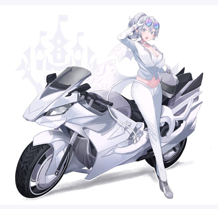 1girl alternate_costume alternate_hairstyle blue-tinted_eyewear breasts camisole cleavage collarbone demon_girl demon_tail duel_monster earrings eyewear_on_head full_body gloves gradient-tinted_eyewear grey_hair helmet high_ponytail highres holding holding_helmet jacket jewelry large_breasts long_hair looking_at_viewer lovely_labrynth_of_the_silver_castle motor_vehicle motorcycle motorcycle_helmet open_mouth pants pointy_ears purple-tinted_eyewear sakuragi_raia simple_background slit_pupils smile solo standing sunglasses tail tinted_eyewear two-tone_eyewear unworn_headwear unworn_helmet white_background white_camisole white_gloves white_jacket white_pants white_wings wings yu-gi-oh!