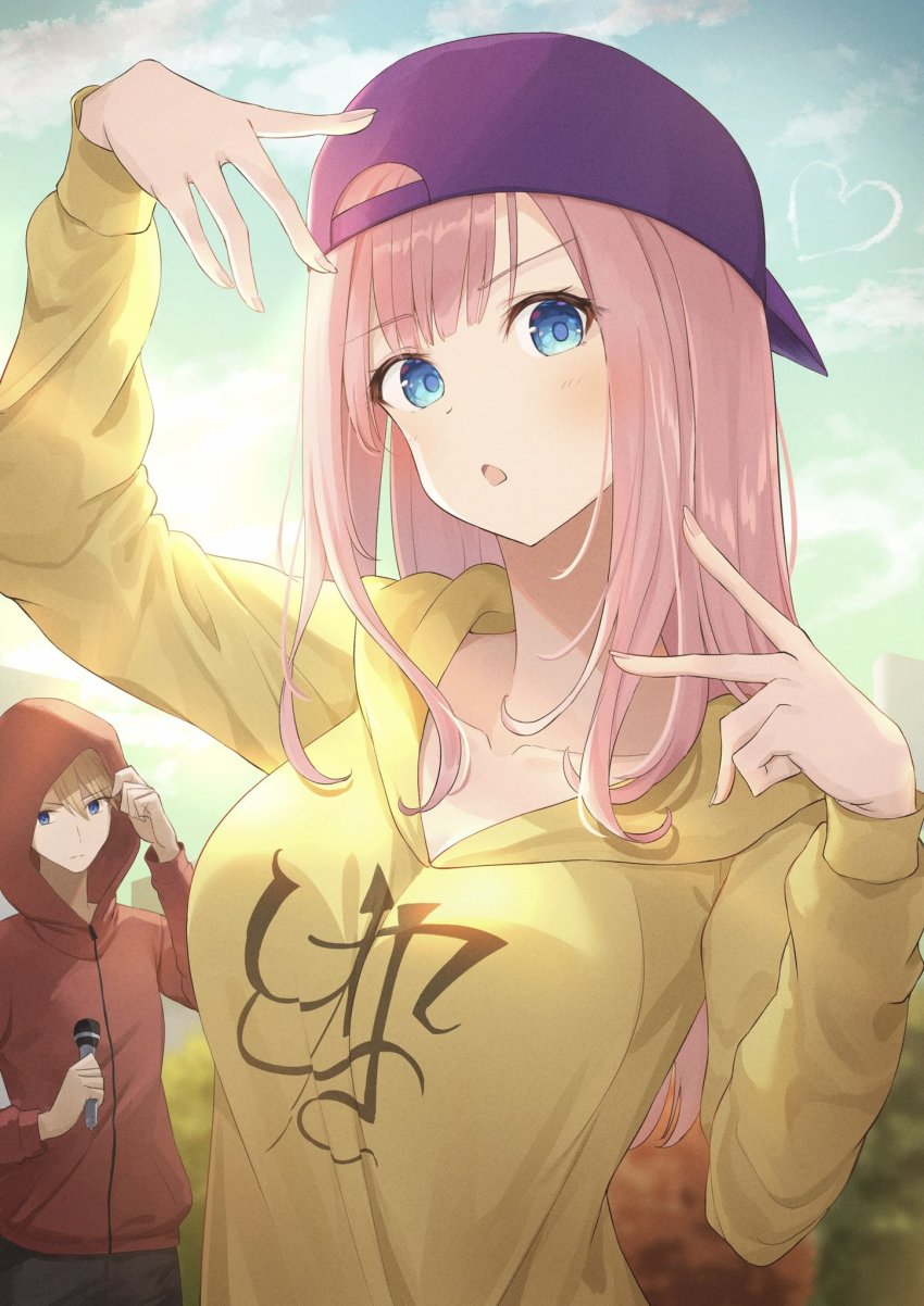 1boy 1girl :o arm_up backwards_hat baseball_cap blue_eyes blunt_bangs breasts collarbone fujiwara_chika hands_up hat highres holding holding_microphone hood hoodie kaguya-sama_wa_kokurasetai_~tensai-tachi_no_renai_zunousen~ kanaria_hisagi long_hair looking_at_viewer microphone outdoors pink_hair rapping red_hoodie shirogane_miyuki solo_focus sunlight upper_body v yellow_hoodie