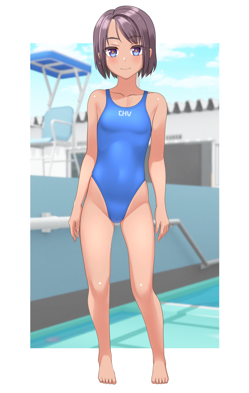 1girl absurdres barefoot black_one-piece_swimsuit blue_eyes blue_hair blue_sky cloud commentary_request competition_swimsuit covered_navel day full_body highleg highleg_one-piece_swimsuit highres lifeguard_chair one-piece_swimsuit original outdoors short_hair sky solo standing swimsuit takafumi tan