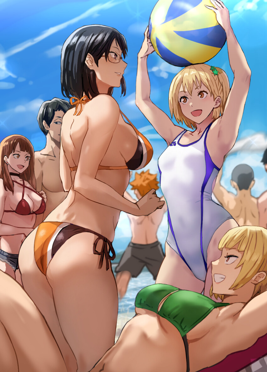 4boys 4girls armpits arms_up ass bikini black_eyes black_hair blonde_hair breasts brown_hair character_request cleavage competition_swimsuit daraz glasses haikyuu!! highres large_breasts long_hair looking_at_another lying medium_breasts multiple_boys multiple_girls one-piece_swimsuit open_mouth purple_eyes shimizu_kiyoko short_hair small_breasts smile swimsuit tanaka_saeko_(haikyuu!!) yachi_hitoka yamaka_mika