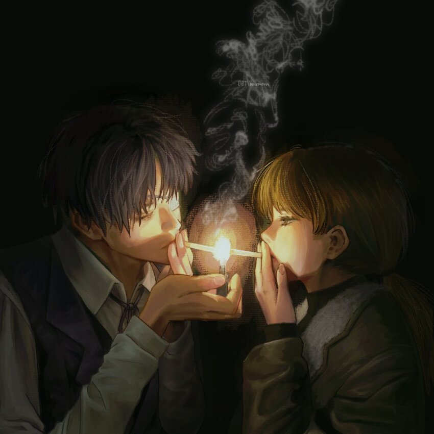 0017bluemoon 1boy 1girl artist_name black_background black_hair black_sweater black_vest blonde_hair bomber_jacket brown_jacket cigarette_kiss closed_eyes collared_shirt commentary daan_(fear_&amp;_hunger) dark dress_shirt eyepatch fear_&amp;_hunger fear_&amp;_hunger_2:_termina from_side grey_ribbon hetero jacket karin_(fear_&amp;_hunger) lighter lighting_cigarette long_hair long_sleeves looking_at_another medical_eyepatch neck_ribbon ponytail ribbon shirt short_hair smoke smoking sweater symbol-only_commentary turtleneck turtleneck_sweater upper_body vest white_shirt