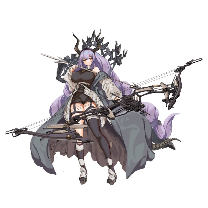 1girl a_type823 arknights arrow_(projectile) asymmetrical_legwear bare_shoulders black_hairband black_horns black_socks black_thighhighs bow_(weapon) breasts closed_mouth full_body hairband highres holding holding_arrow holding_bow_(weapon) holding_weapon horns kneehighs large_breasts long_hair long_sleeves off_shoulder purple_hair simple_background single_kneehigh single_sock single_thighhigh sketch socks solo standing thighhighs typhon_(arknights) uneven_legwear very_long_hair weapon white_background yellow_eyes