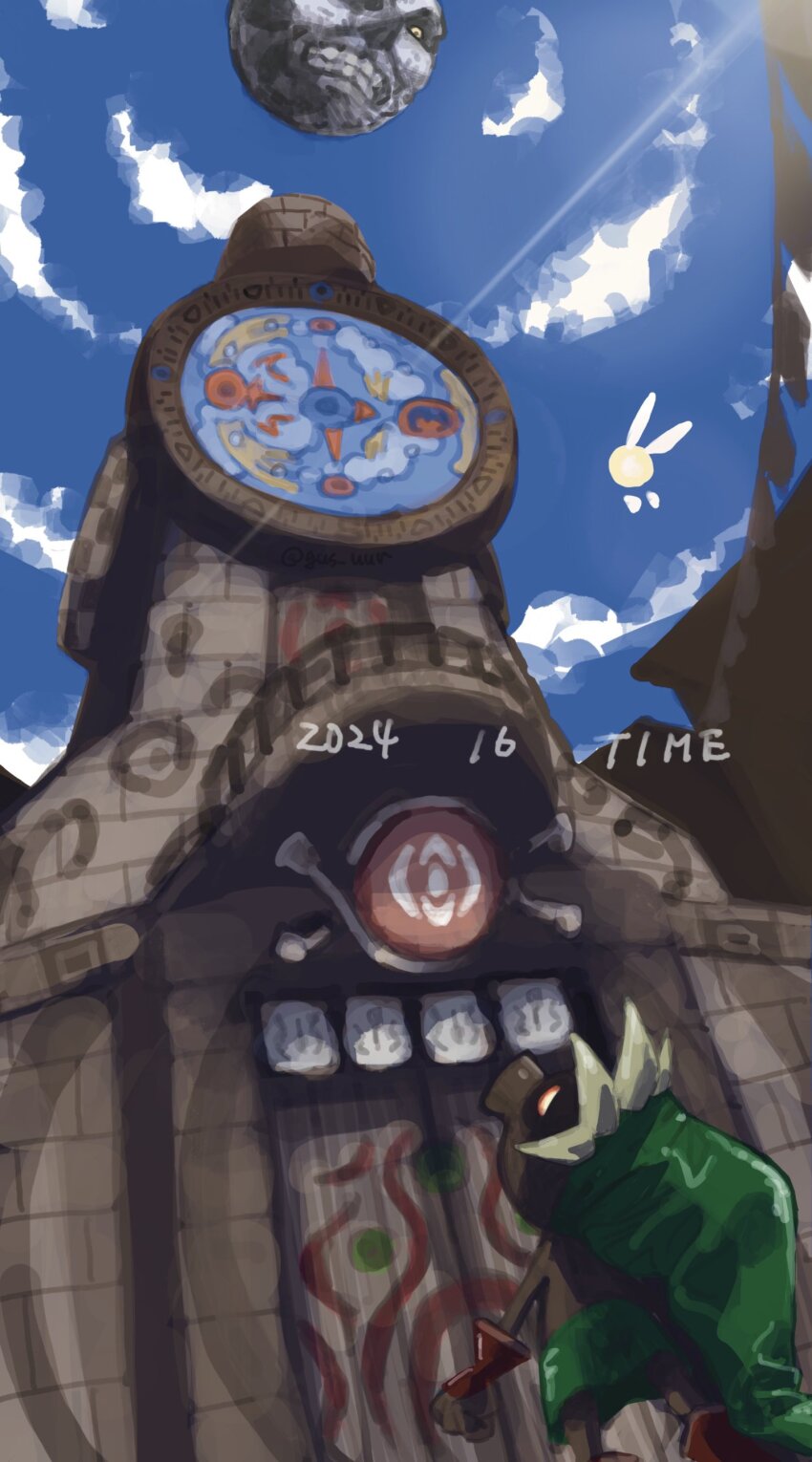 1boy 2024 absurdres blonde_hair blue_sky clock clock_tower cloud deku_link deku_scrub door fairy fingerless_gloves gloves gus_uur hat highres link looking_up moon moon_(zelda) nintendo orange_eyes outdoors sky tatl the_legend_of_zelda the_legend_of_zelda:_majora&#039;s_mask tower