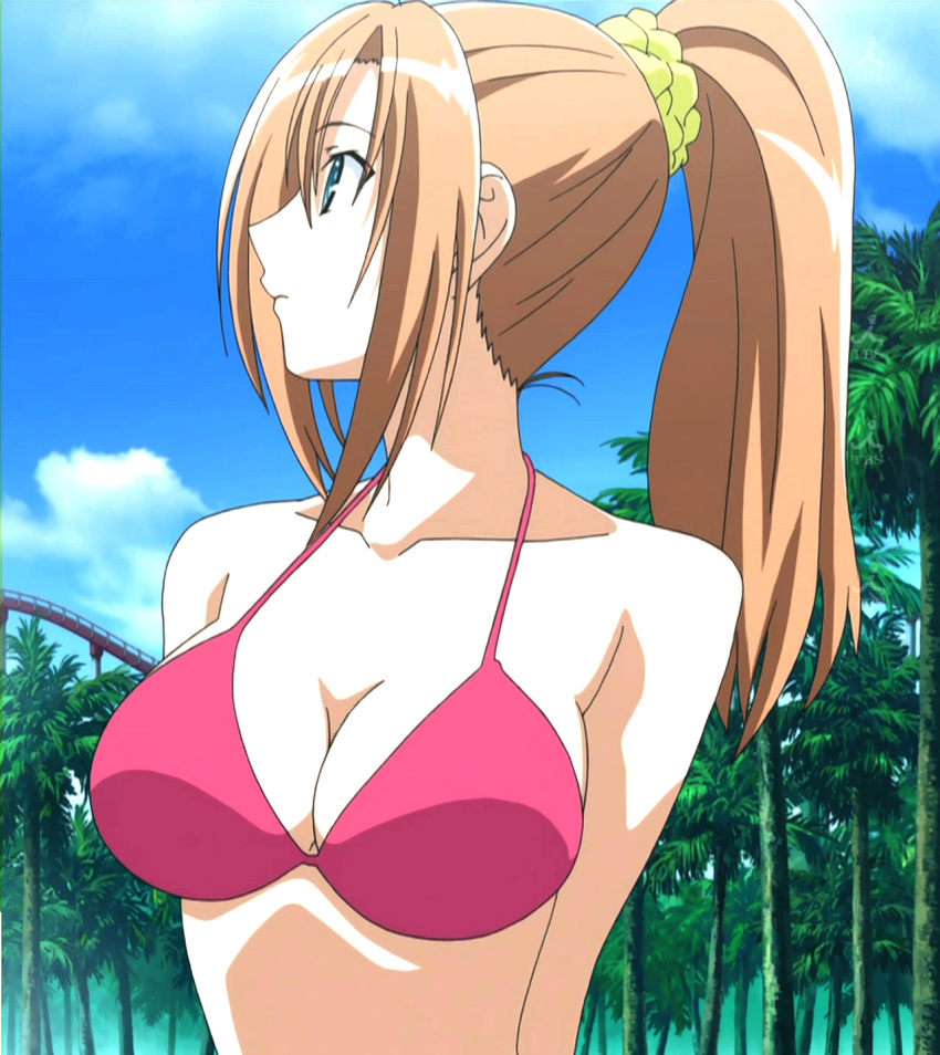 00s 1girl anime_screenshot bikini blue_eyes breasts cleavage day female_focus highres kampfer long_hair pink_bikini ponytail sakura_kaede solo stitched swimsuit third-party_edit