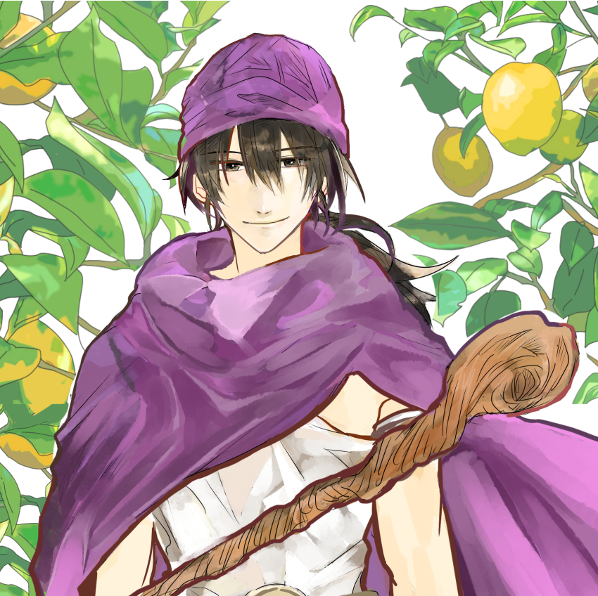 1boy black_hair cape dragon_quest dragon_quest_v food fruit hero_(dq5) highres long_hair miaki_(sakurasakura) purple_cape purple_headwear smile staff turban upper_body yuzu_(fruit)