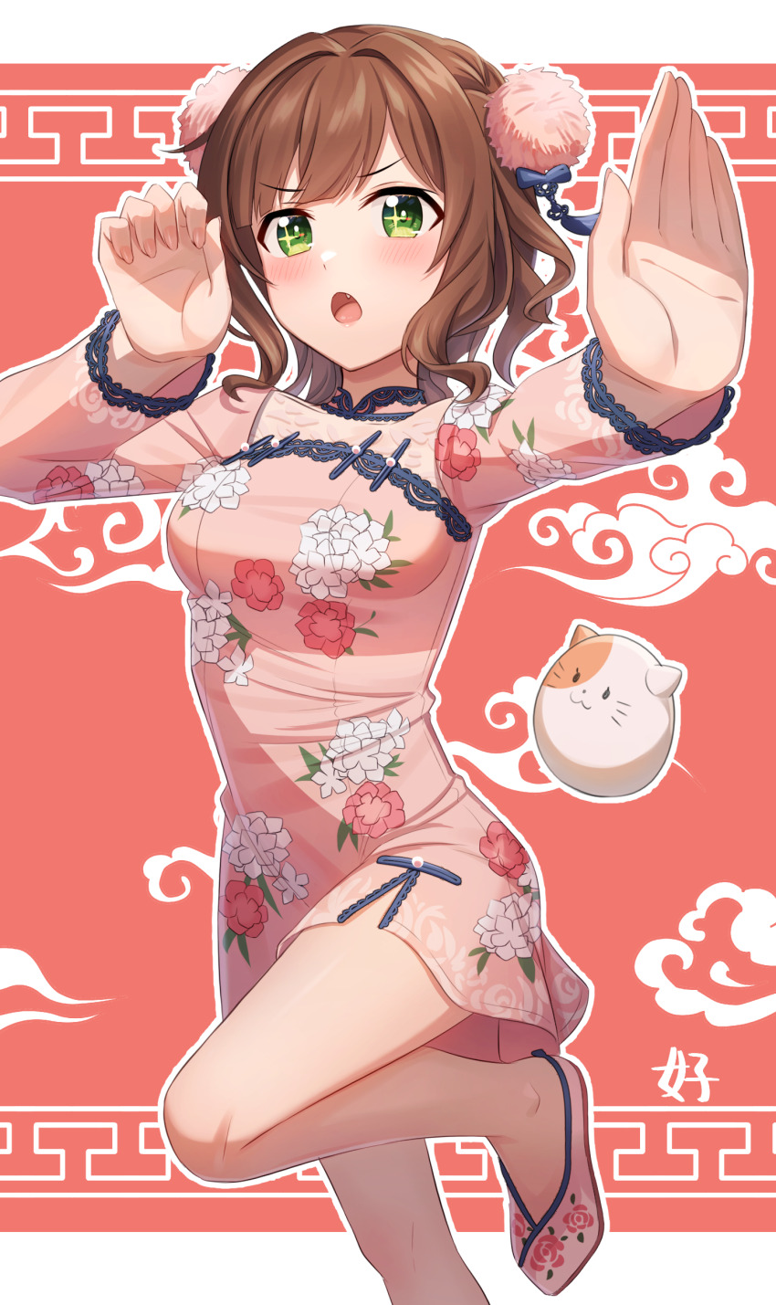 1girl absurdres blush breasts brown_hair china_dress chinese_border chinese_clothes commentary_request cowboy_shot dress fang floral_print green_eyes hair_ornament hands_up highres idolmaster idolmaster_cinderella_girls kurageso leg_up long_sleeves looking_at_viewer maekawa_miku medium_breasts open_mouth pink_dress pink_shoes pom_pom_(clothes) pom_pom_hair_ornament print_dress red_background shoes short_hair sidelocks solo sparkling_eyes standing standing_on_one_leg stuffed_animal stuffed_cat stuffed_toy thighs v-shaped_eyebrows