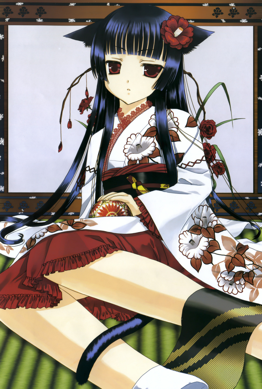 1girl absurdres animal_ears ball between_legs black_hair blunt_bangs cat_ears cat_tail female_focus fingernails floral_print flower frills girl&#039;s_avenue highres hime_cut indoors japanese_clothes kimono lace leaf long_fingernails long_hair long_sleeves looking_at_viewer megami_magazine minato_hiromu non-web_source obi on_floor parted_lips red_eyes red_flower red_rose rose sash scan sidelocks sitting socks solo tail tail_between_legs tatami very_long_hair wide_sleeves yokozuwari