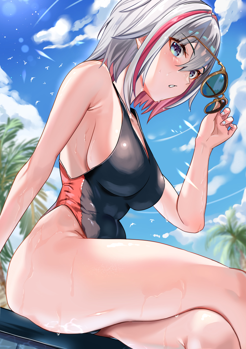 1girl absurdres bare_shoulders black_one-piece_swimsuit blue_eyes blue_sky breasts cloud colored_inner_hair commentary_request day grey_hair hand_up highres honkai:_star_rail honkai_(series) large_breasts looking_at_viewer multicolored_hair one-piece_swimsuit partial_commentary red_hair short_hair sideboob sitting sky solo streaked_hair sunglasses swimsuit thighs topaz_(honkai:_star_rail) zawzawa