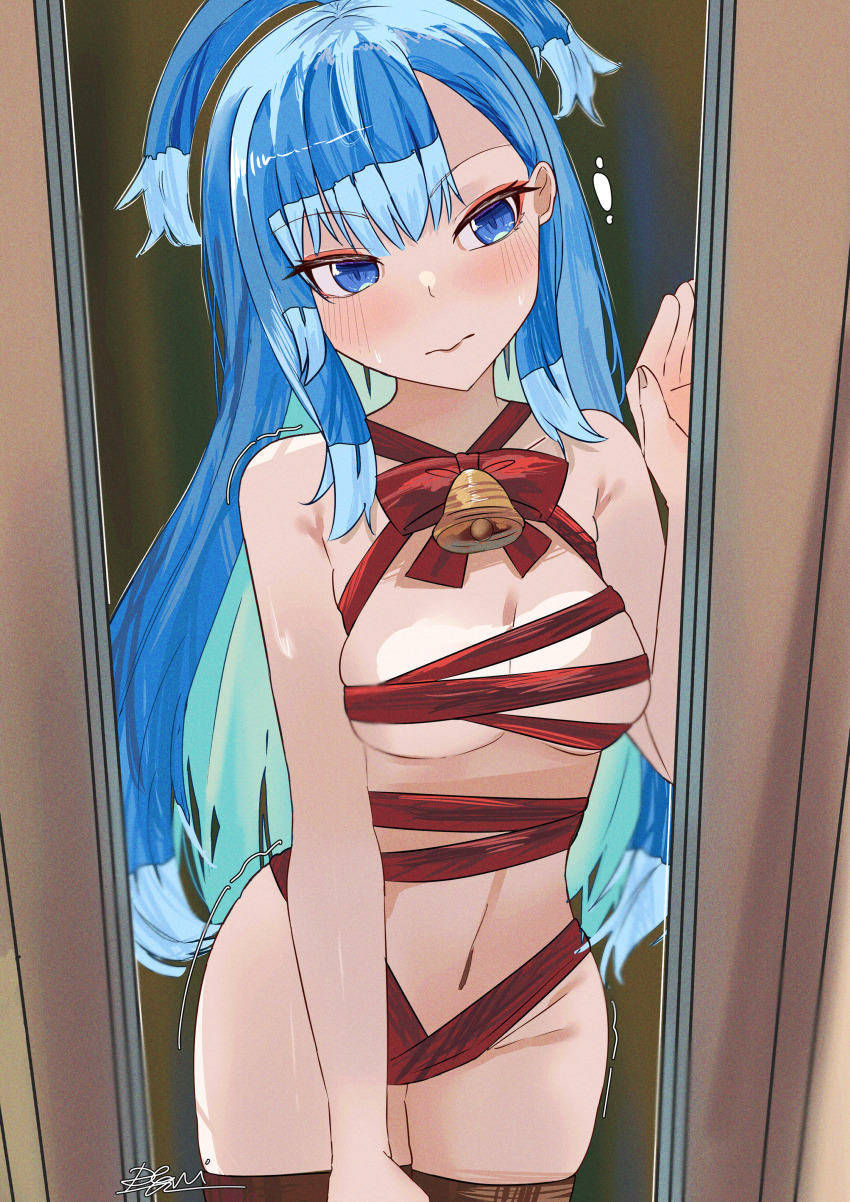 1girl absurdres bell blue_eyes blue_hair blush breasts desagi doorway highres hololive hololive_indonesia kobo_kanaeru liquid_hair looking_at_viewer naked_ribbon navel red_ribbon ribbon signature standing virtual_youtuber