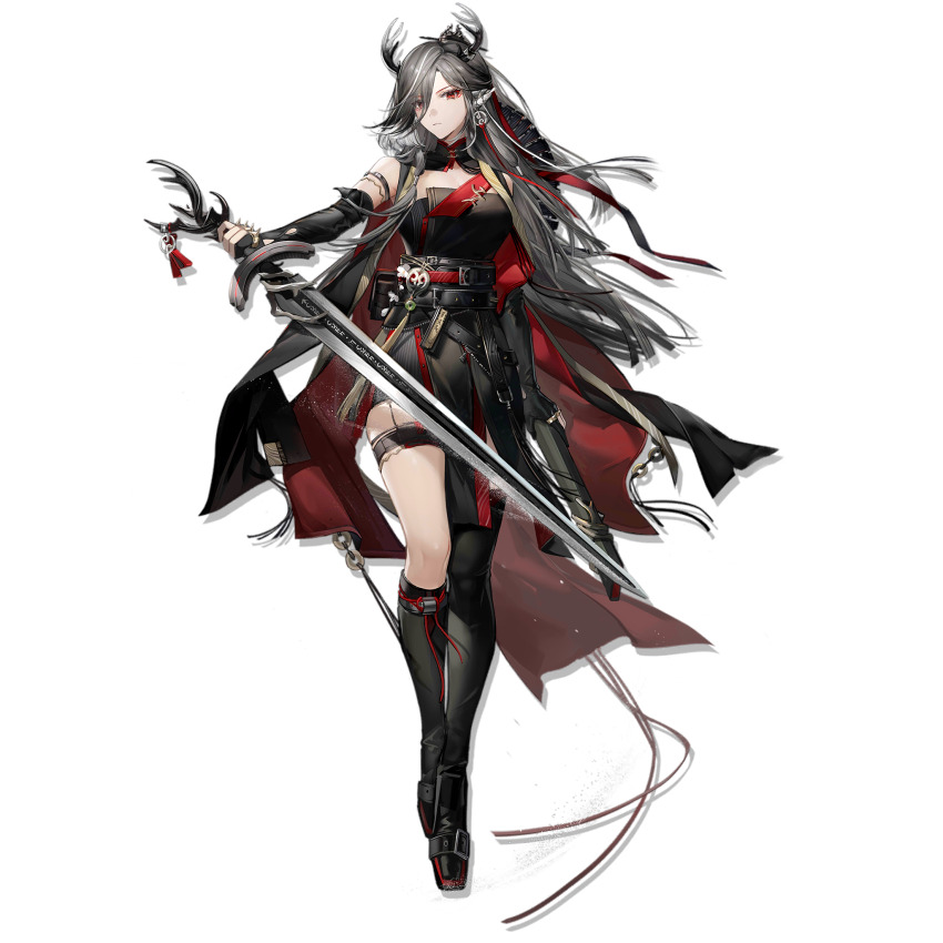 1girl arknights bare_shoulders belt black_belt black_dress black_gloves dress elbow_gloves full_body gloves grey_hair hair_over_one_eye highres holding holding_sword holding_weapon horns long_hair looking_at_viewer official_art qiu_bai_(arknights) red_eyes solo standing sword thigh_strap thighs transparent_background very_long_hair weapon wenquangua