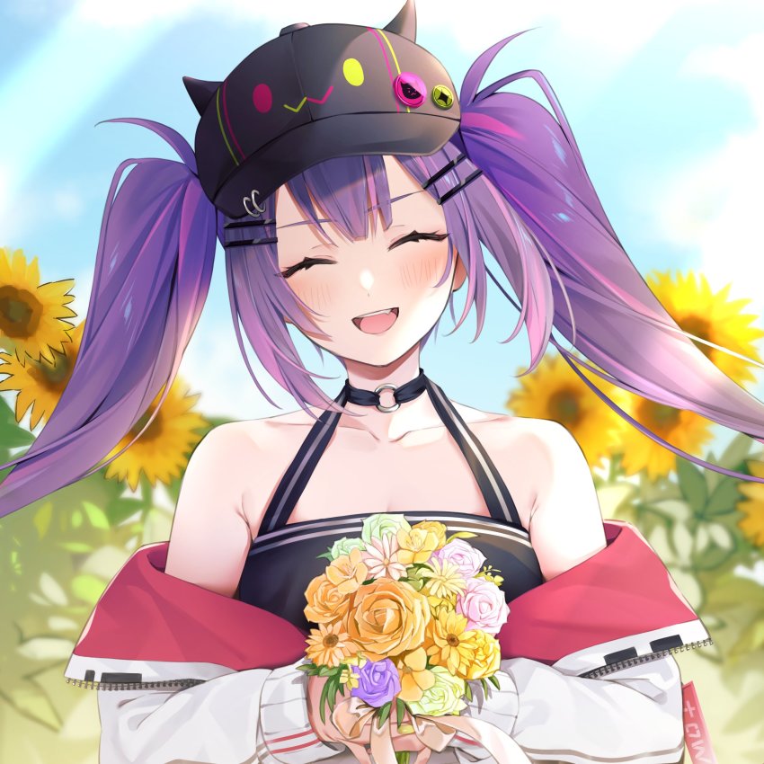 1girl :d bare_shoulders baseball_cap bibi_(tokoyami_towa) black_choker black_hat blush bouquet choker closed_eyes facing_viewer fake_horns flower green_flower halterneck hat highres holding holding_bouquet hololive horned_headwear horns izumi_kei jacket long_hair multicolored_hair off_shoulder open_mouth orange_flower pink_flower pink_hair purple_hair sidelocks smile solo streaked_hair sunflower tokoyami_towa twintails upper_body virtual_youtuber white_jacket yellow_flower