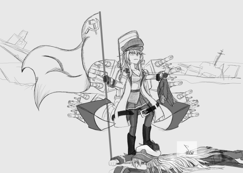 absurdres azur_lane bird cold_war communist_flag crossover eagle enterprise_(azur_lane) gangut_(kancolle) greyscale hammer_and_sickle highres huge_filesize incredibly_absurdres iwo_jima kantai_collection monochrome self-upload soviet_flag unfinished sketch_background