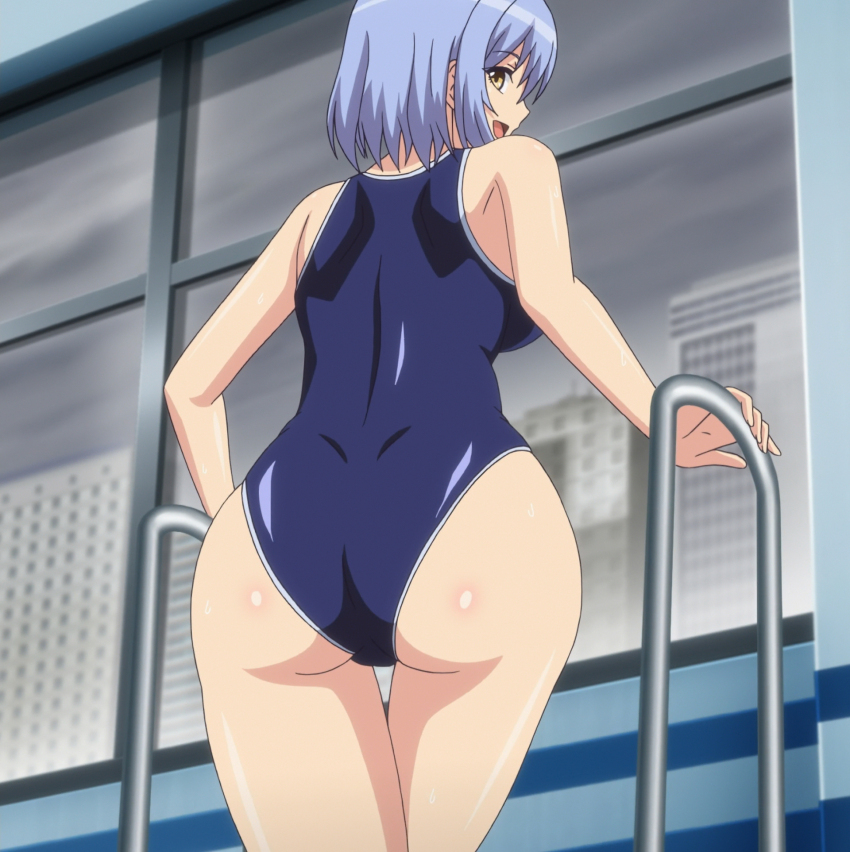 1girl ass backboob blue_hair breasts brown_eyes character_request curvy cury gakuen_de_jikan_yo_tomare highres huge_ass large_breasts legs long_hair looking_at_viewer looking_back one-piece_swimsuit open_mouth pool school_swimsuit shiny_skin short_hair smile solo standing stitched swimsuit thighs third-party_edit tongue window