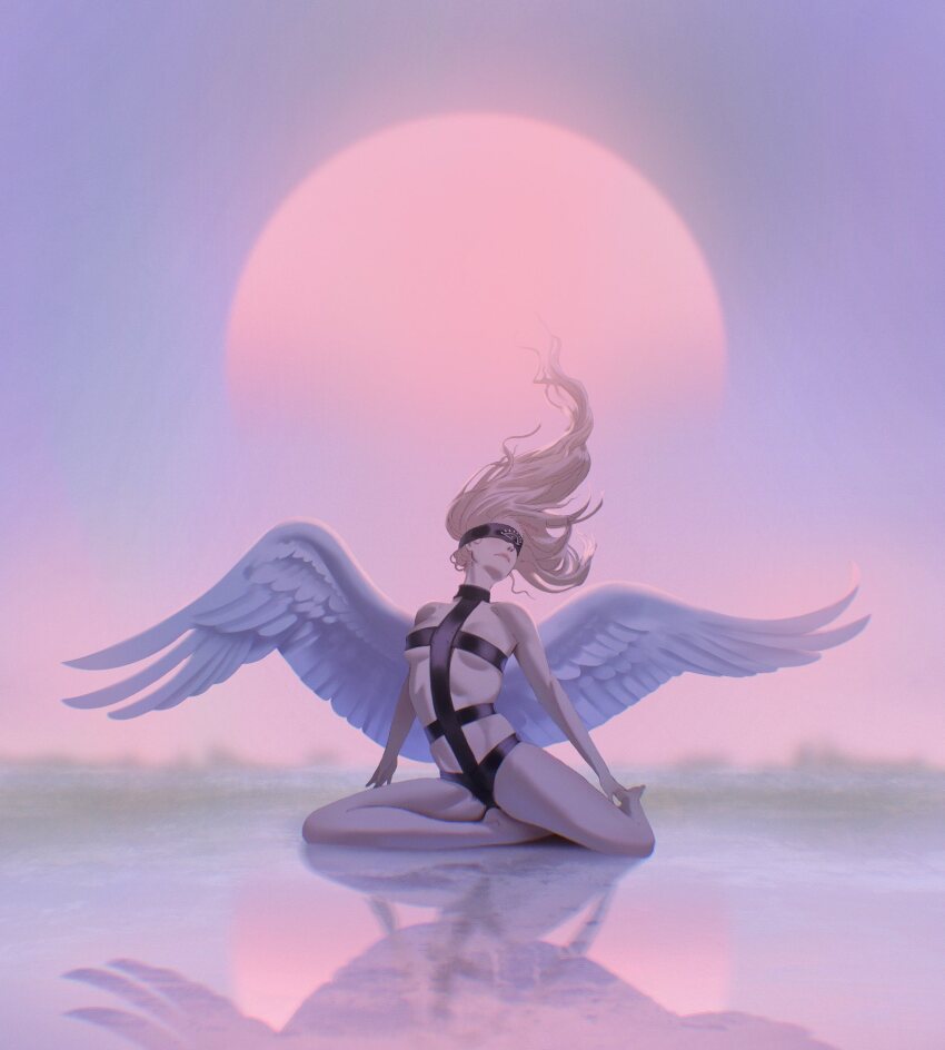 1girl angel_(megami_tensei) angel_wings barefoot black_blindfold blindfold blonde_hair bondage_outfit breasts full_body highres leylinefount reflection shin_megami_tensei small_breasts solo sunset wind wind_lift wings