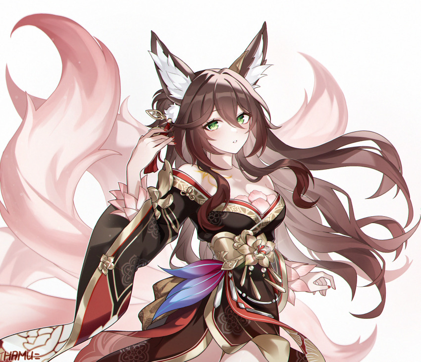 1girl absurdres animal_ear_fluff animal_ears artist_name bare_shoulders breasts brown_hair brown_hanfu chinese_clothes cleavage commentary cowboy_shot floating_hair fox_ears fox_girl fox_tail fugue_(honkai:_star_rail) green_eyes hair_between_eyes hair_ornament hamu_(rz_1023) hand_up hanfu highres honkai:_star_rail honkai_(series) large_breasts long_hair looking_at_viewer multiple_tails nail_polish off_shoulder parted_lips pink_tail red_nails solo tail tingyun_(honkai:_star_rail) white_background